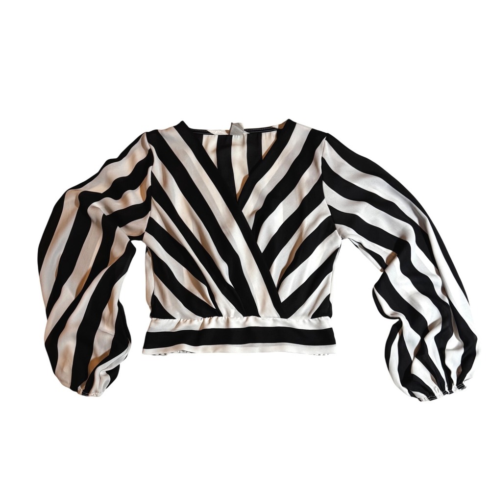 Privy Black White Stripe Wrap‎ Balloon Sleeve Crop Top M
